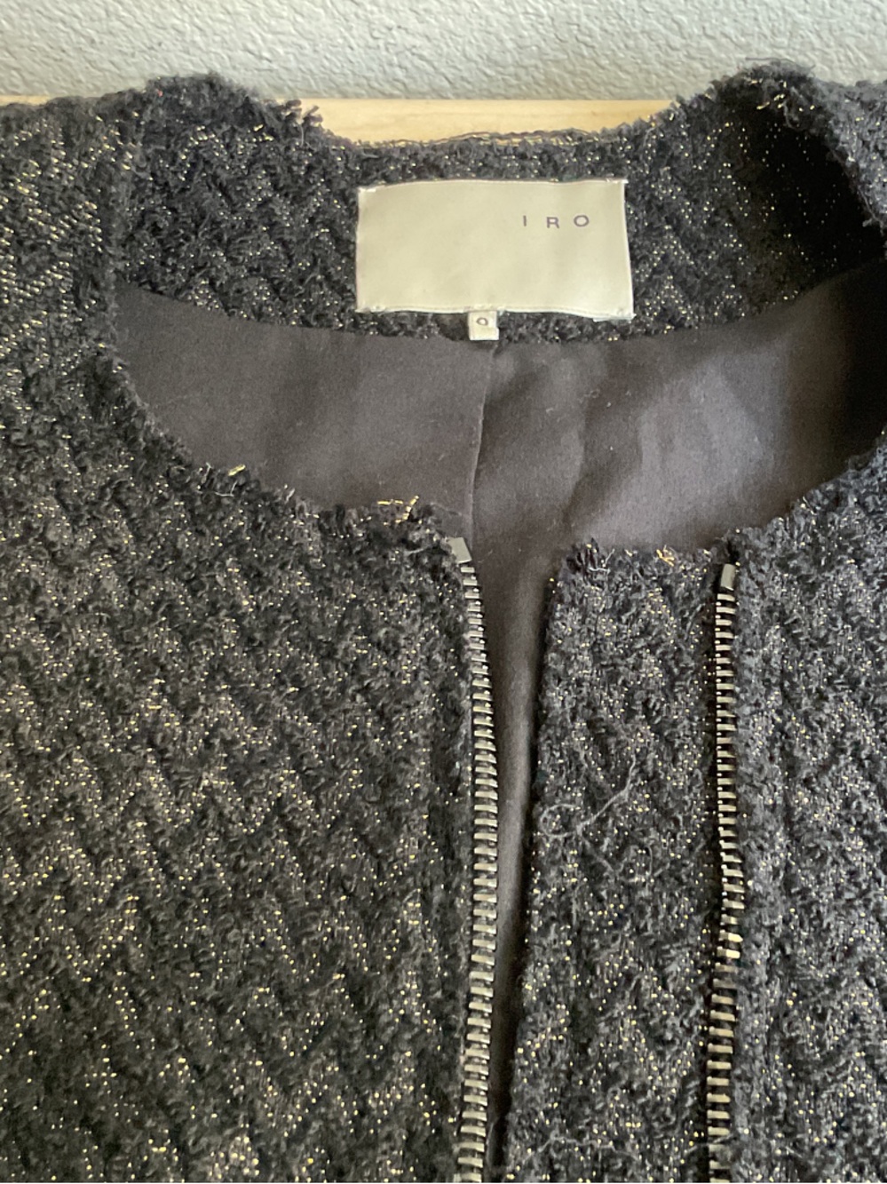 IRO Black Metallic-Thread Front Zipper Raw Edges size 0.